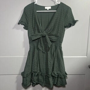 Mable Dionne Short Sleeve Tie Ruffle Tier Keyhole Mini Dress Fairycore Green Med